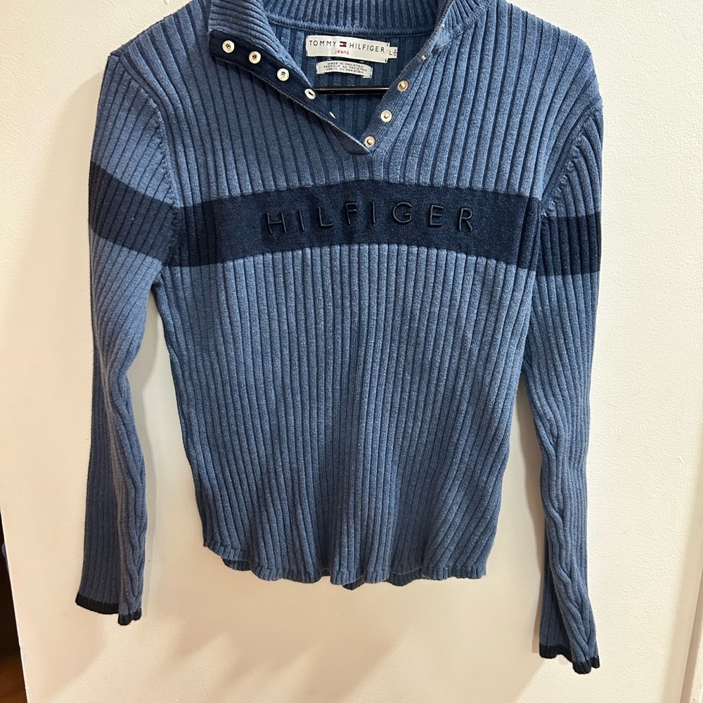 Tommy Hilfiger Women's Blue Sweater with Embroidery Vintage Y2K, Size Large